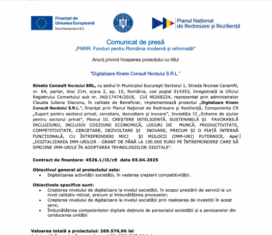 Anunț privind începerea proiectului cu titlul „Digitalizare Kineto Consult Nordului S.R.L.”